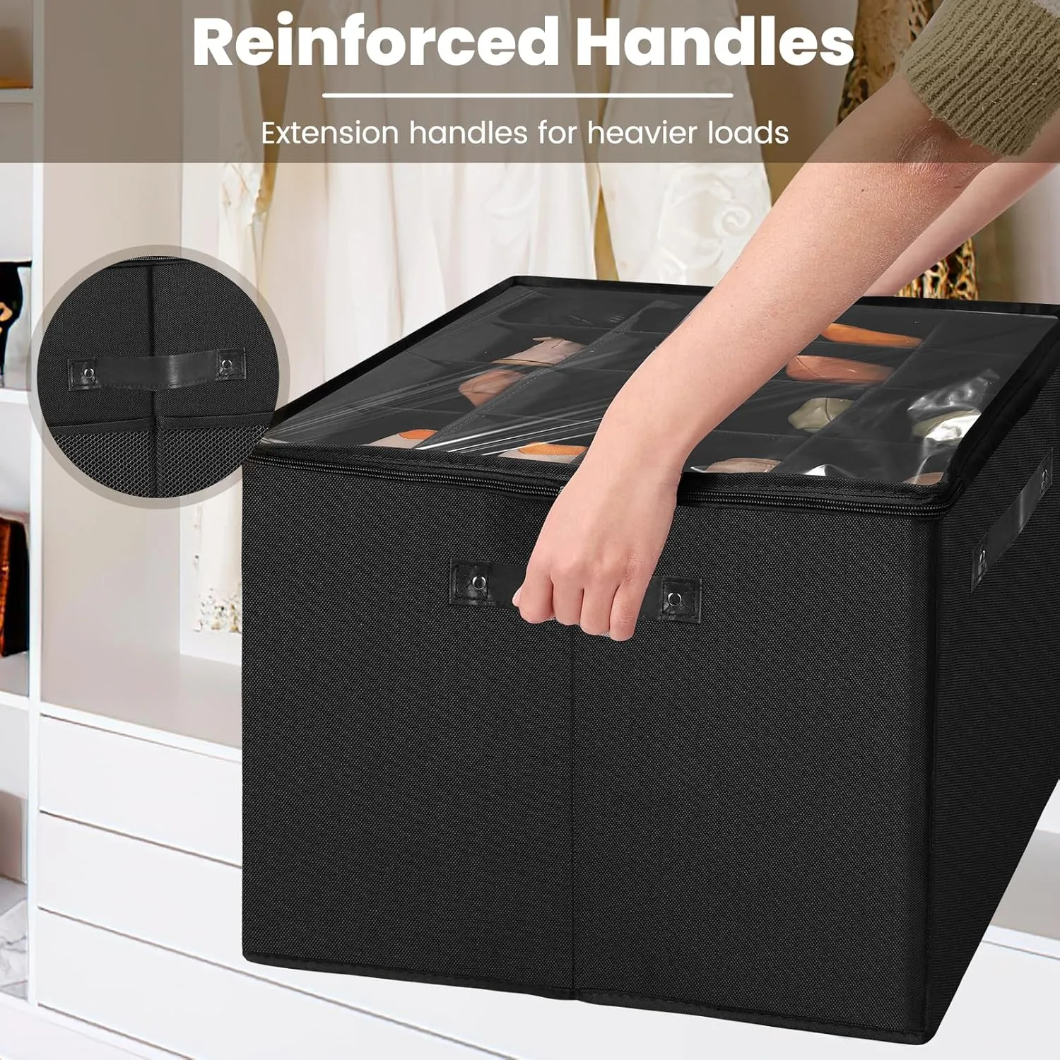 2-Pack Shoe Organizer Box for Closet, Foldable Shoe Storage Bins with Adjustable Dividers & 4 Reinforced Handles, Fits up to 32 Pairs (Black)