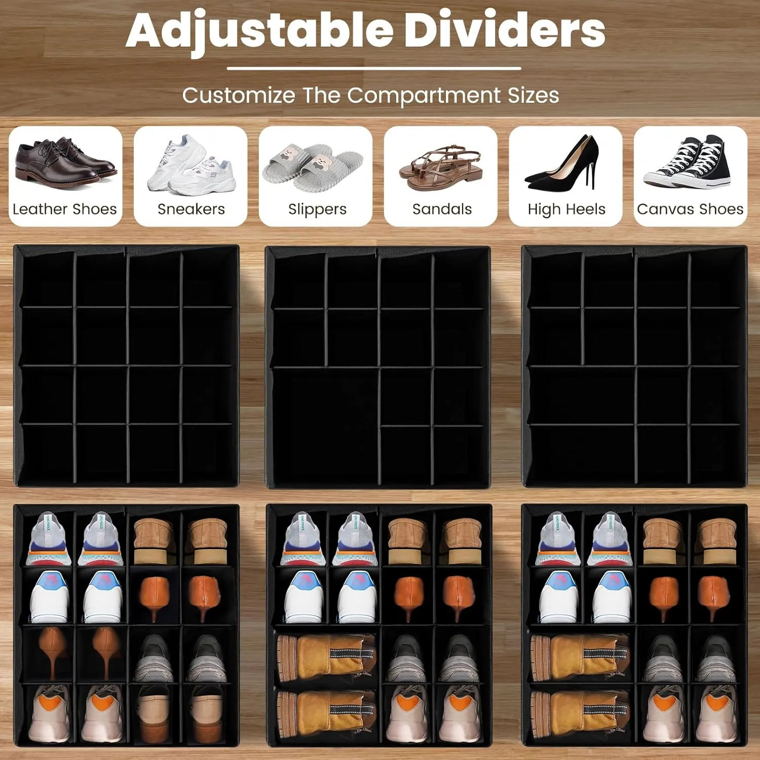 2-Pack Shoe Organizer Box for Closet, Foldable Shoe Storage Bins with Adjustable Dividers & 4 Reinforced Handles, Fits up to 32 Pairs (Black)