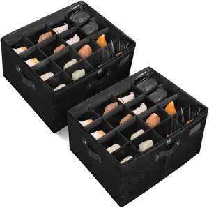 2-Pack Shoe Organizer Box for Closet, Foldable Shoe Storage Bins with Adjustable Dividers & 4 Reinforced Handles, Fits up to 32 Pairs (Black)