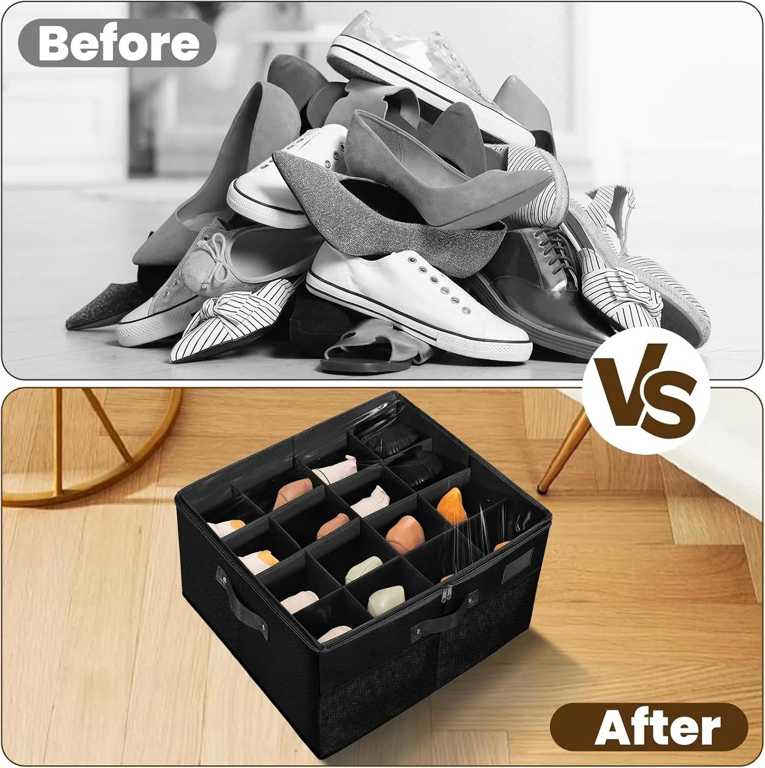 2-Pack Shoe Organizer Box for Closet, Foldable Shoe Storage Bins with Adjustable Dividers & 4 Reinforced Handles, Fits up to 32 Pairs (Black)