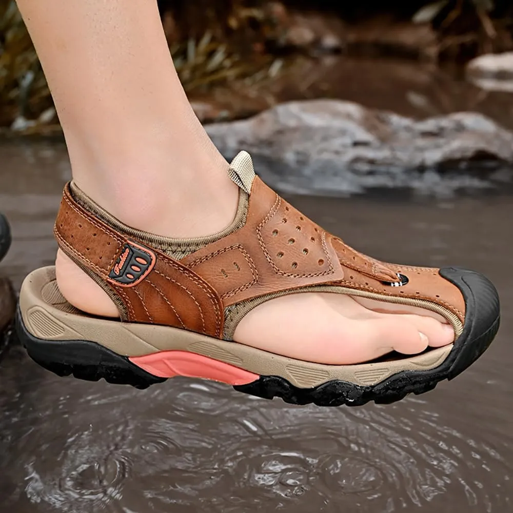 ailishabroy Men's Sport Sandals Outdoor Hiking Leather Closed Toe Sandals