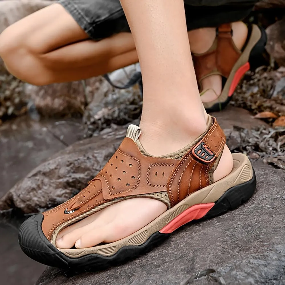 ailishabroy Men's Sport Sandals Outdoor Hiking Leather Closed Toe Sandals