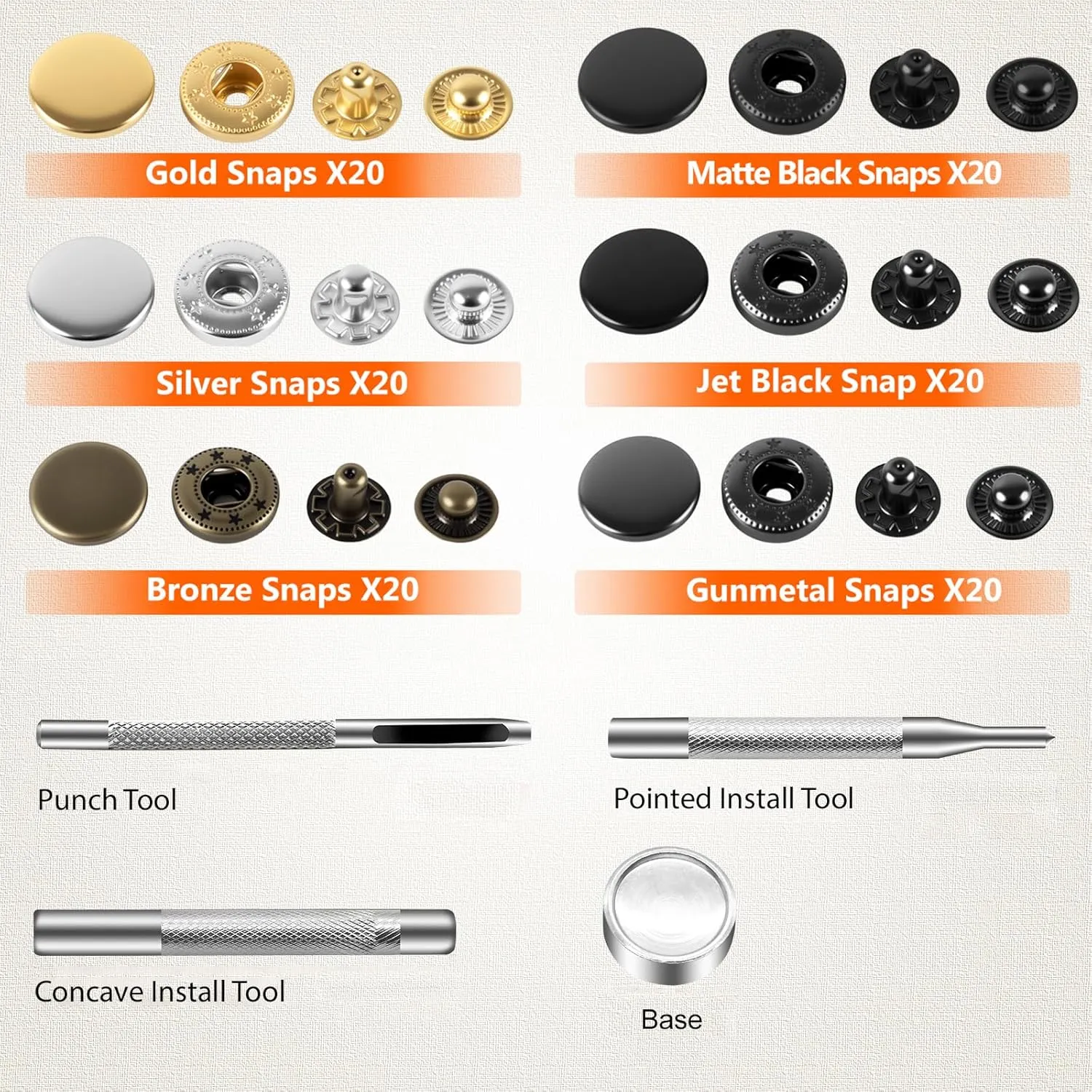 Alritz 120 Set Leather Snap Fasteners Kit, 12.5mm Metal Button Snaps Press Studs with 4 Setter Tools, 6 Colors Leather Snaps for Clothes, Jackets, Jeans Wears, Bracelets, Bags