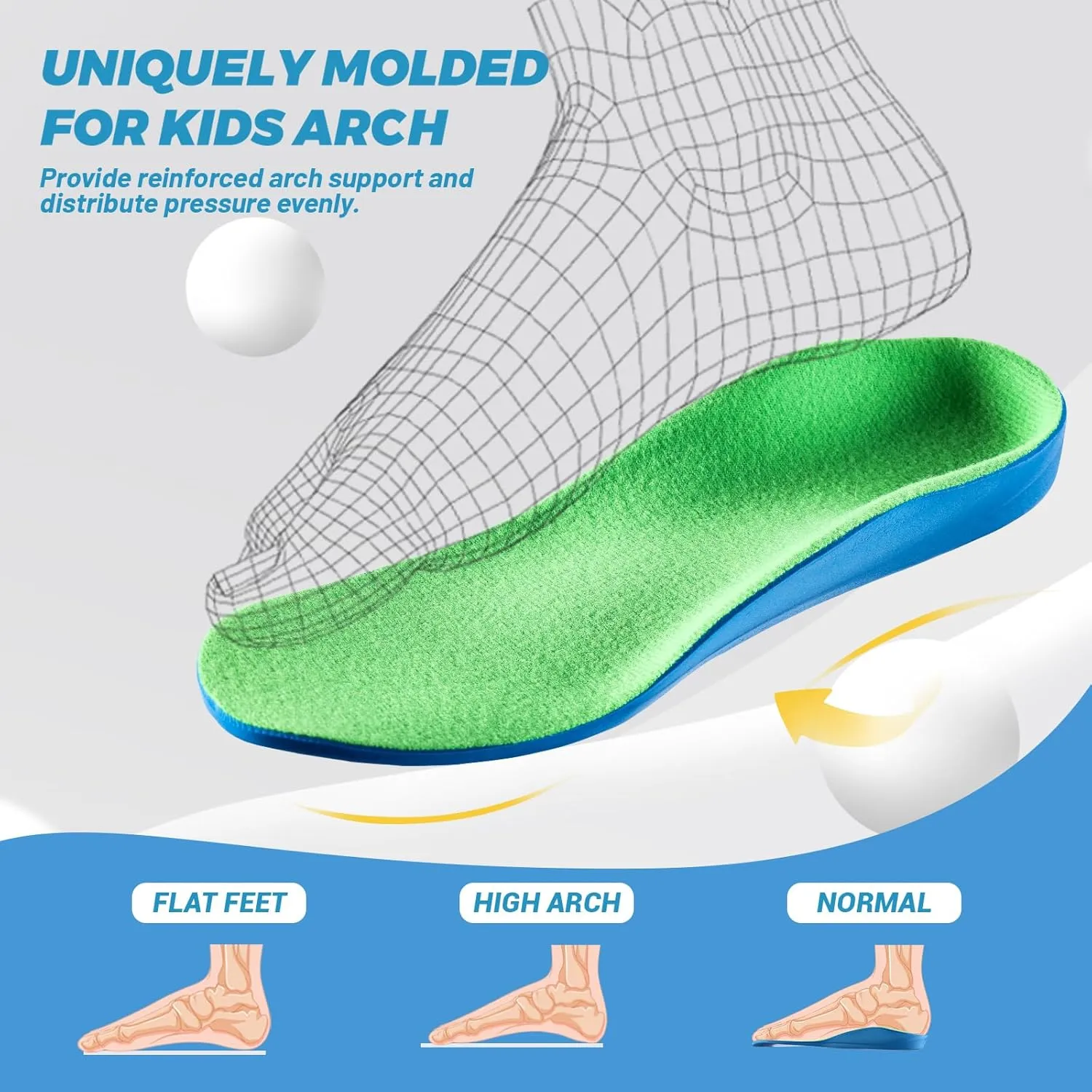 Bacophy Kids Orthotic Arch Support Shoe Insoles, Children Pu Cushioning Inserts, Shock Absorption Velvet Surfaces Deep Heel Cup Inner Sole for Flat Feet, Plantar Fasciitis, Feet Heel Pain Relief (M)