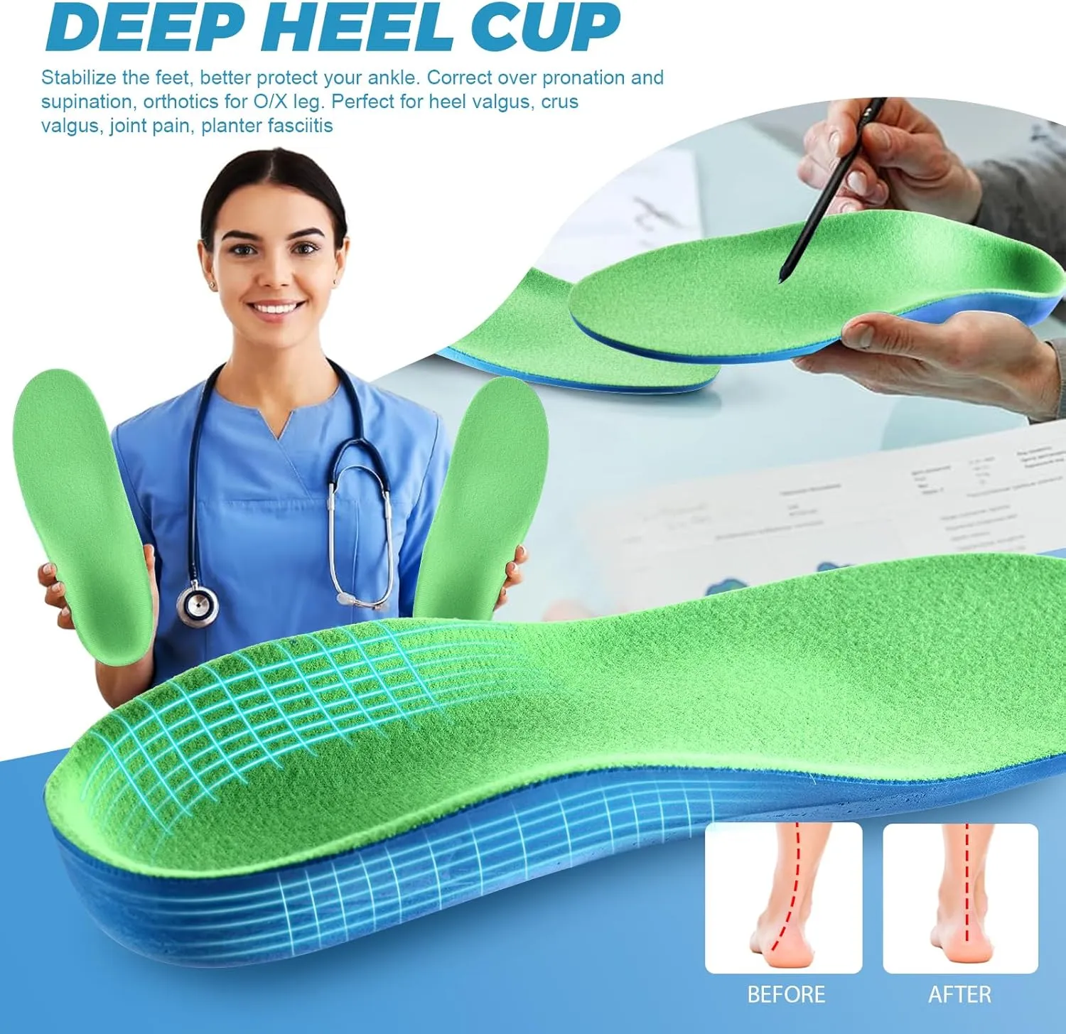Bacophy Kids Orthotic Arch Support Shoe Insoles, Children Pu Cushioning Inserts, Shock Absorption Velvet Surfaces Deep Heel Cup Inner Sole for Flat Feet, Plantar Fasciitis, Feet Heel Pain Relief (M)
