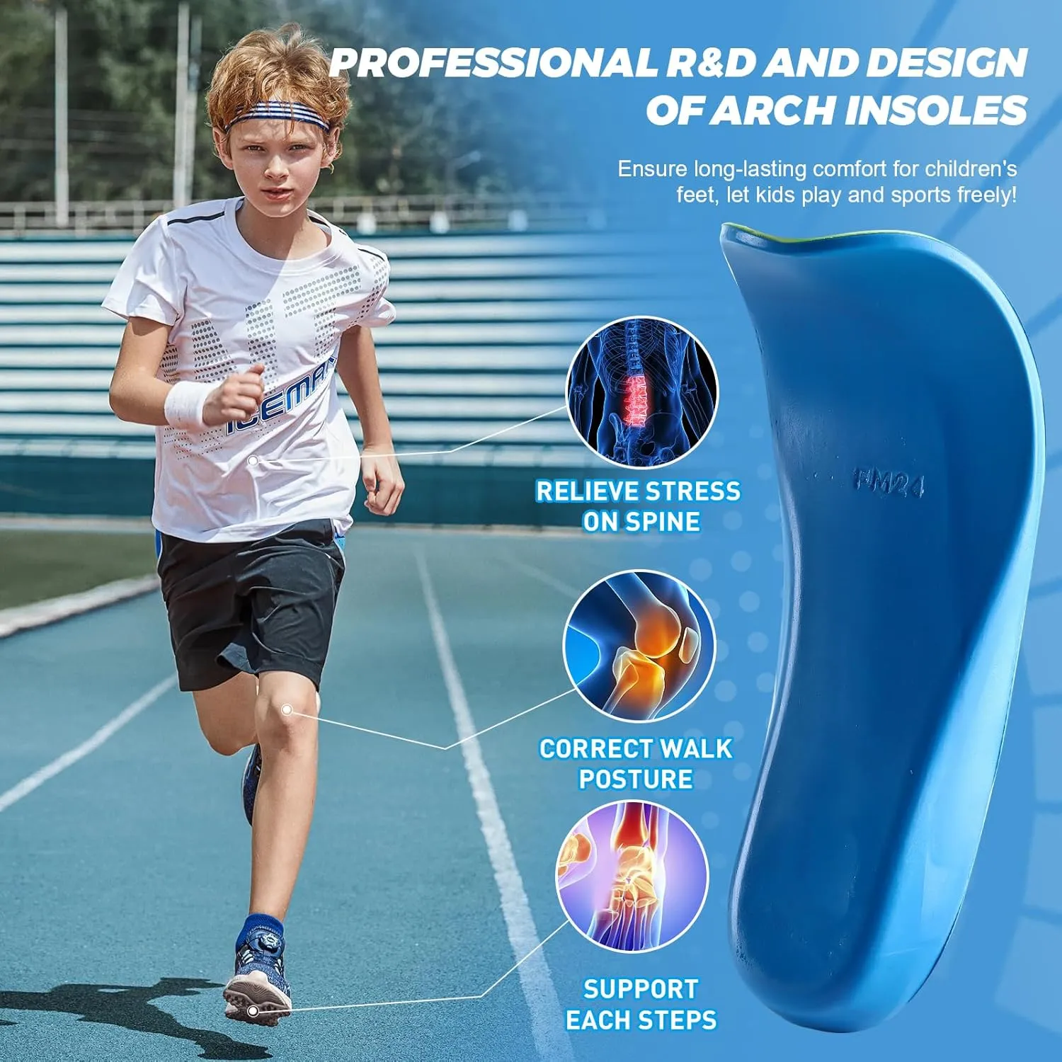 Bacophy Kids Orthotic Arch Support Shoe Insoles, Children Pu Cushioning Inserts, Shock Absorption Velvet Surfaces Deep Heel Cup Inner Sole for Flat Feet, Plantar Fasciitis, Feet Heel Pain Relief (M)
