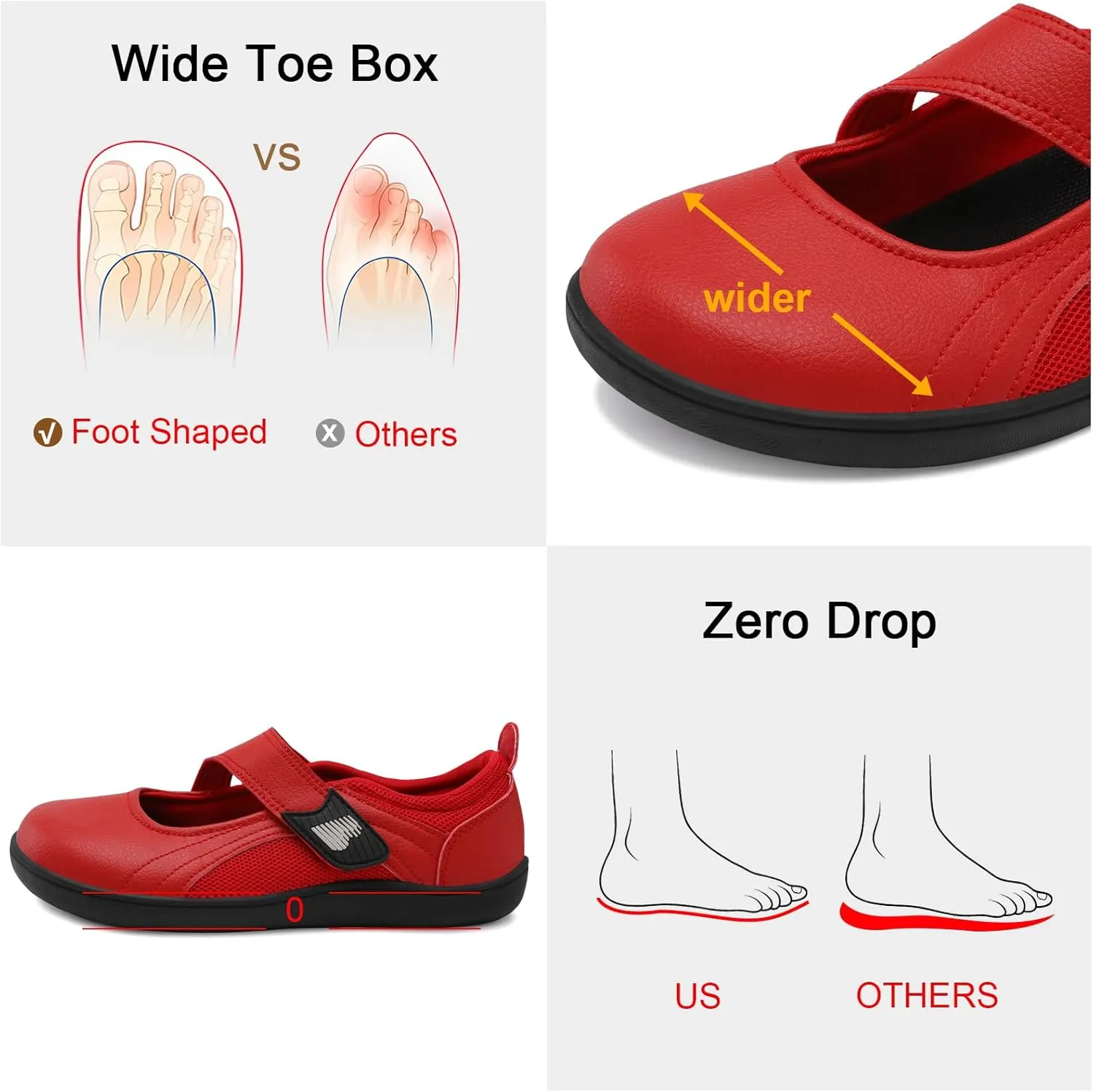 BARERUN Womens Walking Shoes Classic Mary Jane Flats Wide Toe Diabetic Shoes for Women Adjustable Breathable Lightweight Daily Barefoot Shoes