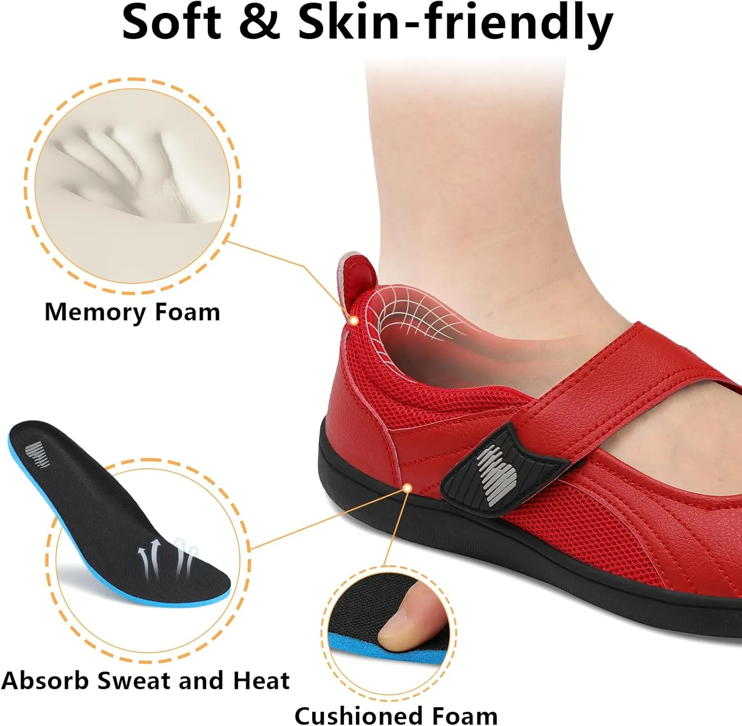 BARERUN Womens Walking Shoes Classic Mary Jane Flats Wide Toe Diabetic Shoes for Women Adjustable Breathable Lightweight Daily Barefoot Shoes