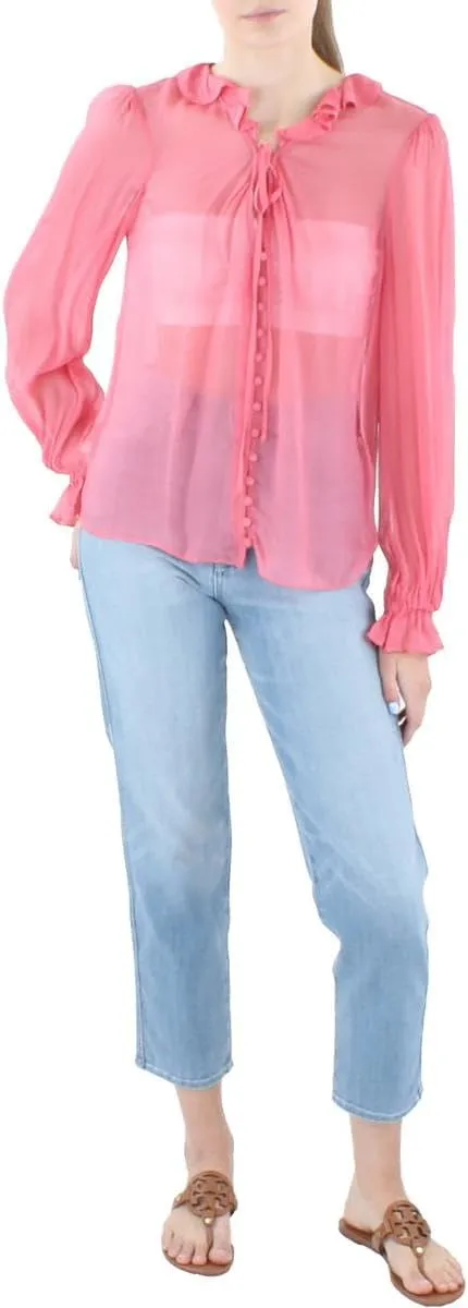 BCBGMAXAZRIA Women's Relaxed Long Sleeve Button Down Tie Blouse
