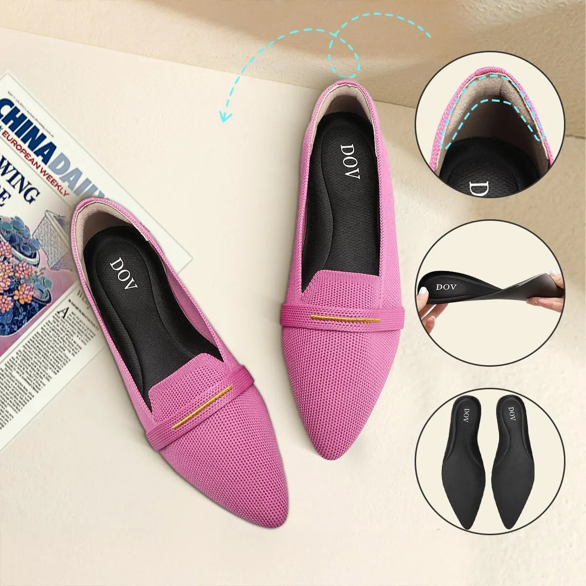 Bealin Womens Flats Dressy Pointed Toe Knit Ballet Shoes Confortable Women Soft Flats Shoes Slip On Loafer Shoes