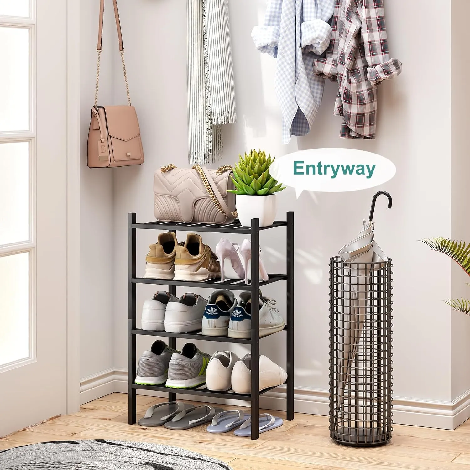 Black Small Shoe Rack for Entryway, 4-Tier Bamboo Shoe Organizer for Hallway Closet, Free Standing Shoe Racks for Indoor Outdoor