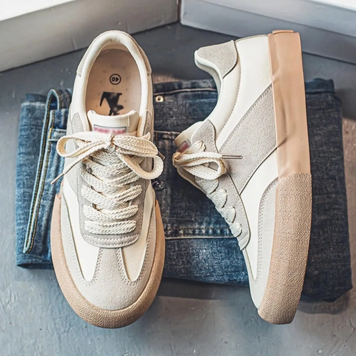Canvas Chunky Sneakers for Women Retro Leather Upper Walking Shoes Flat Platform Thick Sole