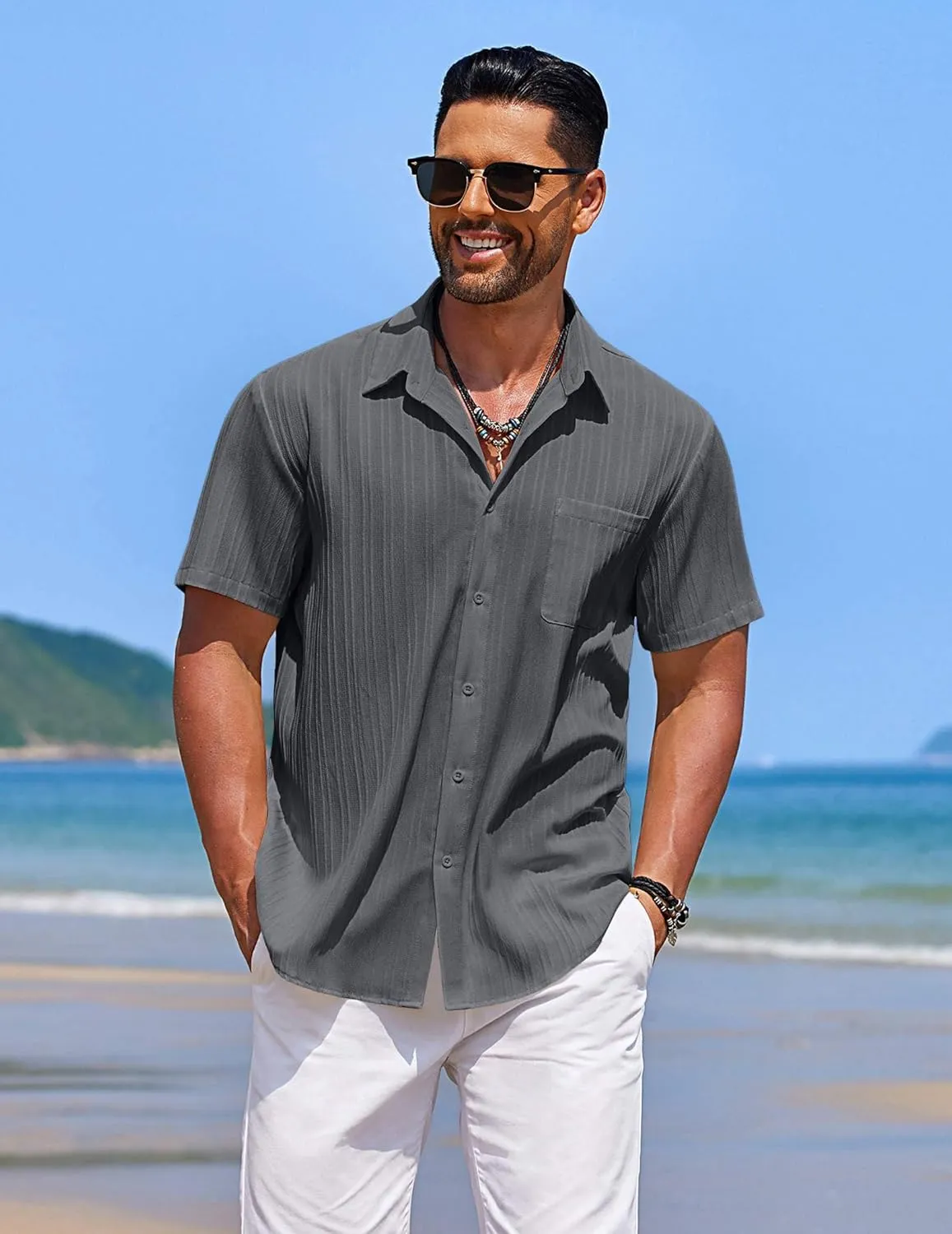 COOFANDY Men's Casual Short Sleeve Button Down Shirts Textured Summer Beach Shirts Hawaiian Floral Vacation Shirts