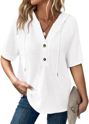Dokotoo Womens Summer Tops Waffle Knit Short Sleeve Lightweight Drawstring Hoodies Button V Neck Casual Blouses Shirts