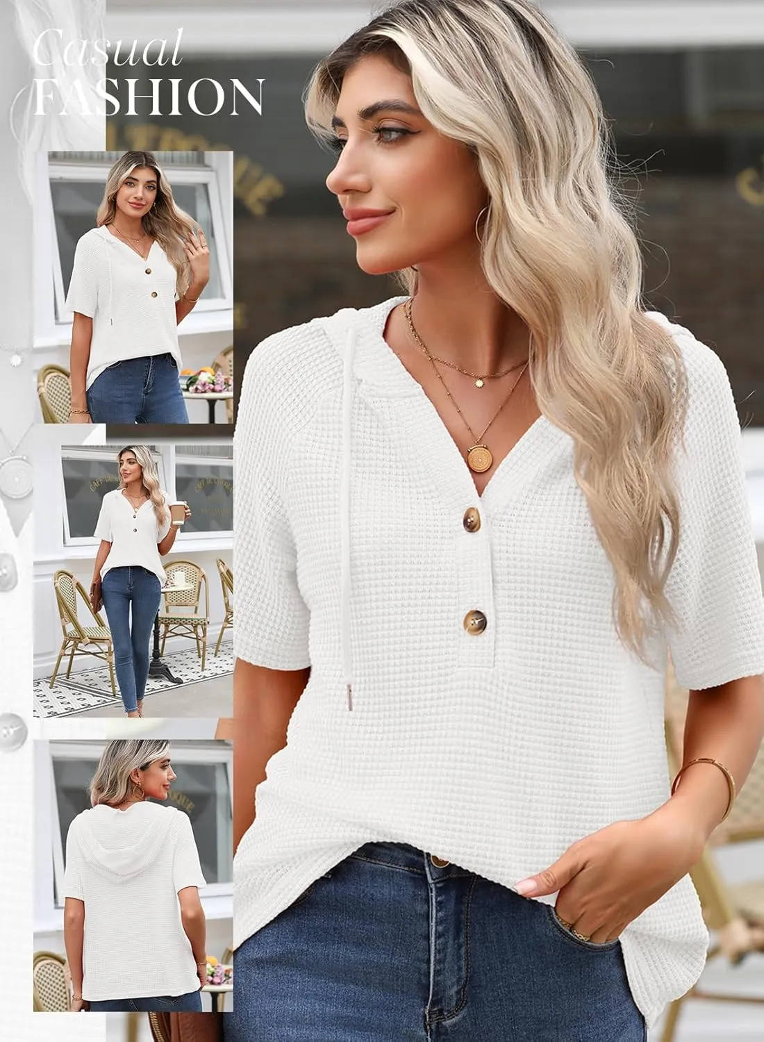 Dokotoo Womens Summer Tops Waffle Knit Short Sleeve Lightweight Drawstring Hoodies Button V Neck Casual Blouses Shirts