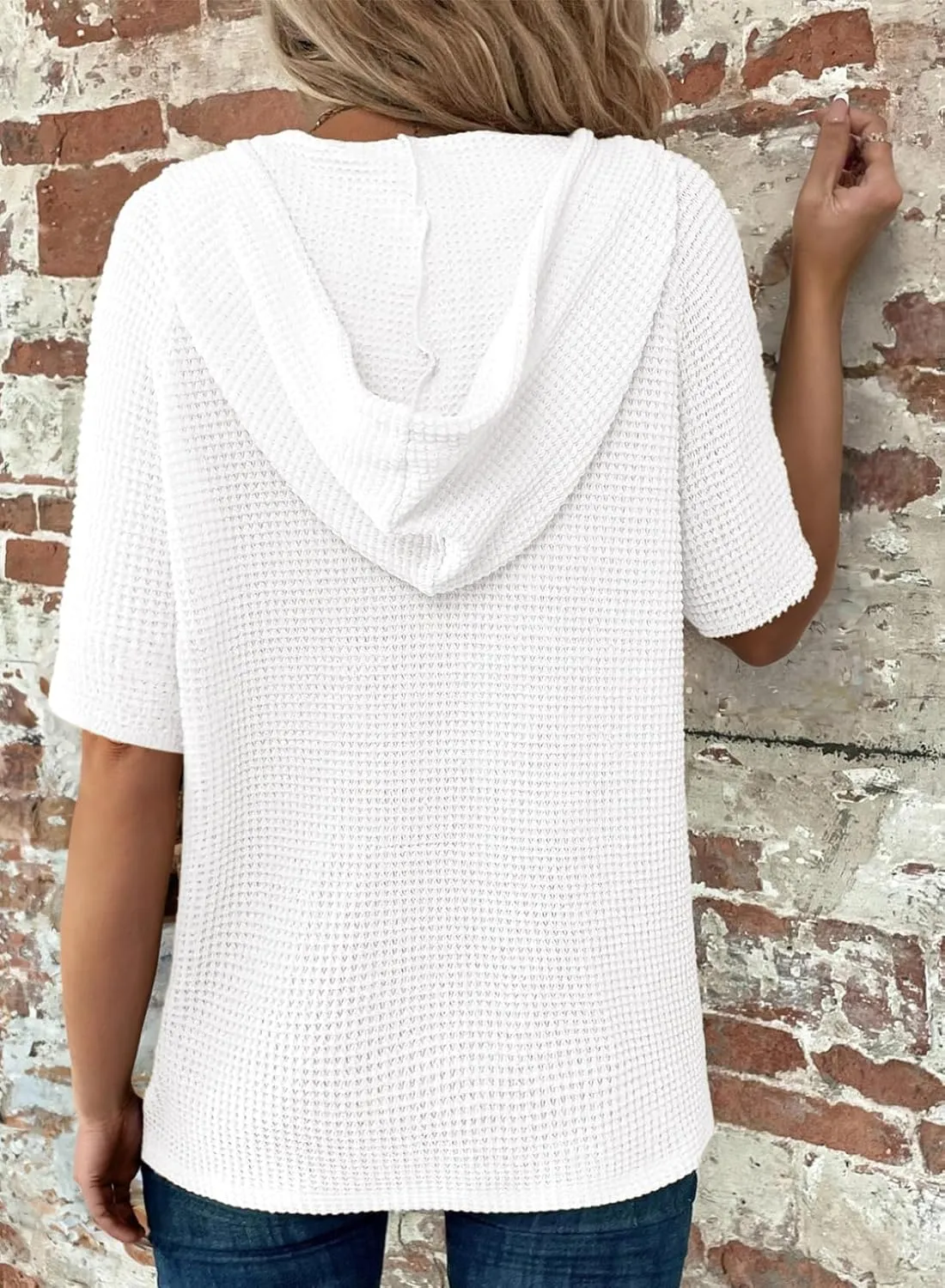 Dokotoo Womens Summer Tops Waffle Knit Short Sleeve Lightweight Drawstring Hoodies Button V Neck Casual Blouses Shirts