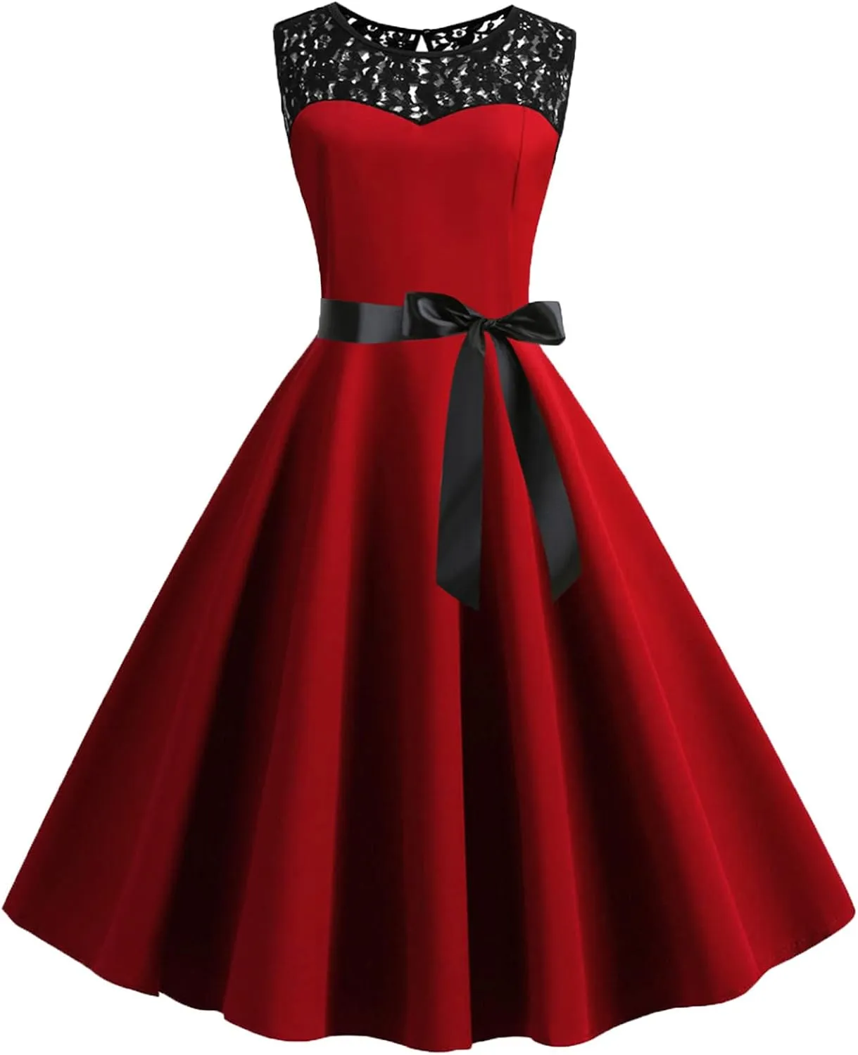 Dress for Women Vintage Lace Splicing Dresses Round Neck Sleeveless Waisted Big Swing Skirt with Belt Prom Gowns