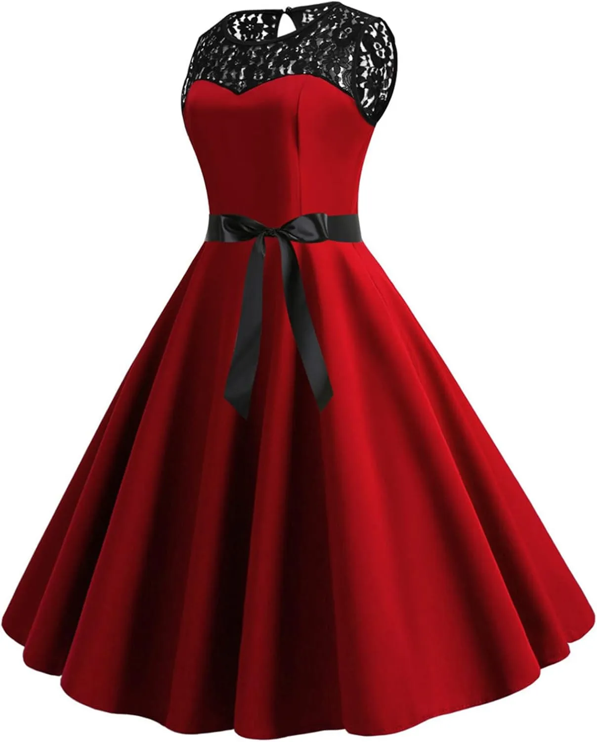 Dress for Women Vintage Lace Splicing Dresses Round Neck Sleeveless Waisted Big Swing Skirt with Belt Prom Gowns