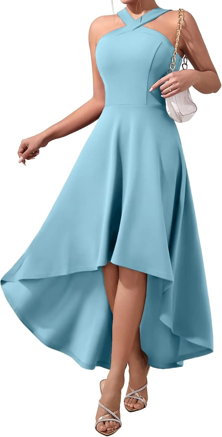 DRESSTELLS Women Cocktail Formal Dresses 2025 Summer Wedding Guest Halter High Low Party Dress