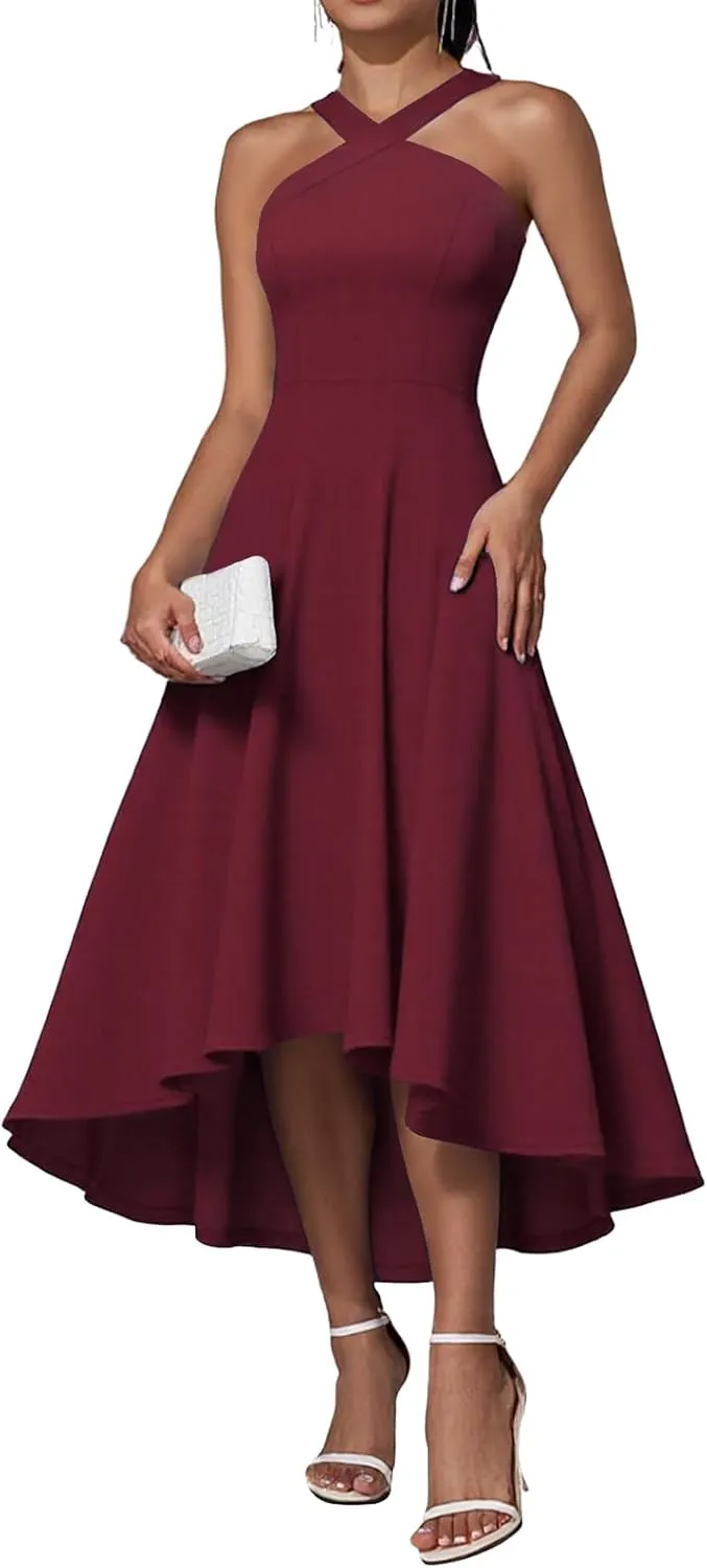 DRESSTELLS Women Cocktail Formal Dresses 2025 Summer Wedding Guest Halter High Low Party Dress
