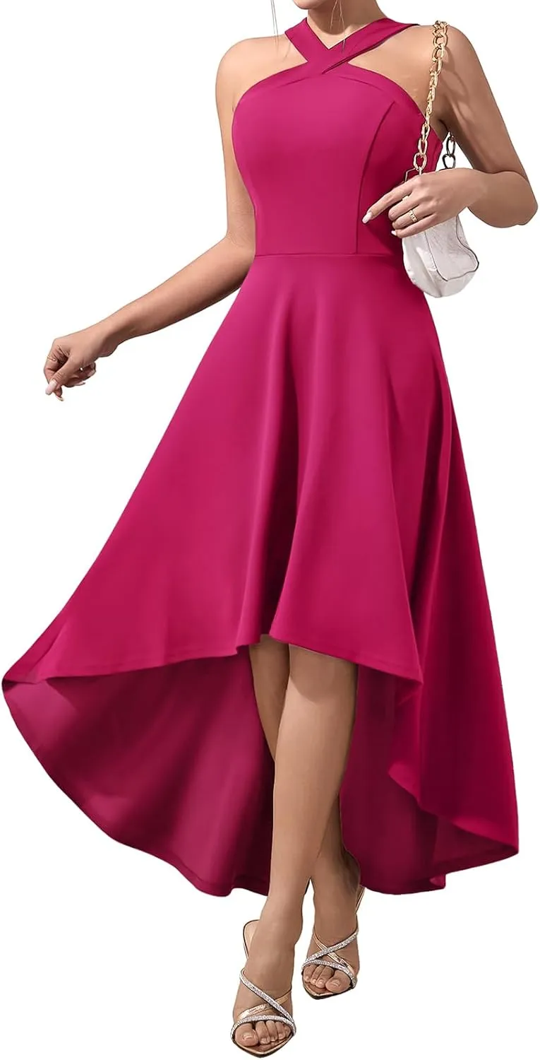 DRESSTELLS Women Cocktail Formal Dresses 2025 Summer Wedding Guest Halter High Low Party Dress