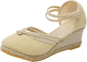 Eduavar Sandals for Women Summer Espadrilles Wedge Sandals with Arch Support Closed Toe Platform Elastic Ankle Strap Shoes