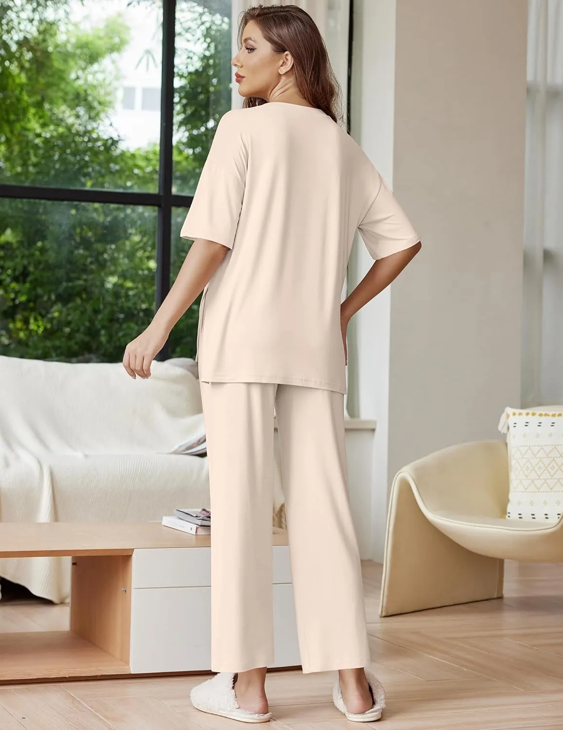 Ekouaer Lounge Sets for Women Short Sleeve Tops and Long Pants Soft Comfy Pajamas Set 2 Piece Outfits S-XXL