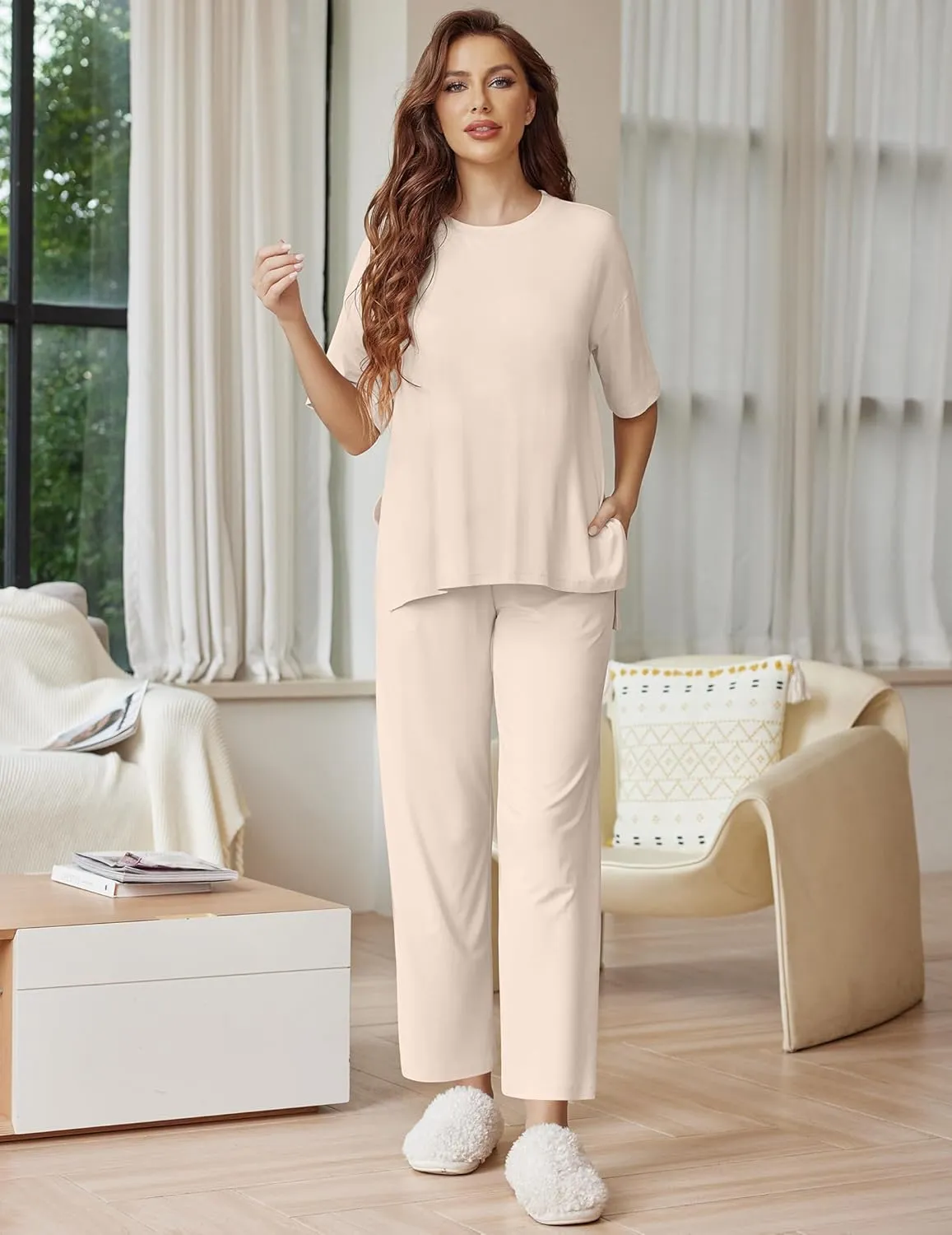 Ekouaer Lounge Sets for Women Short Sleeve Tops and Long Pants Soft Comfy Pajamas Set 2 Piece Outfits S-XXL