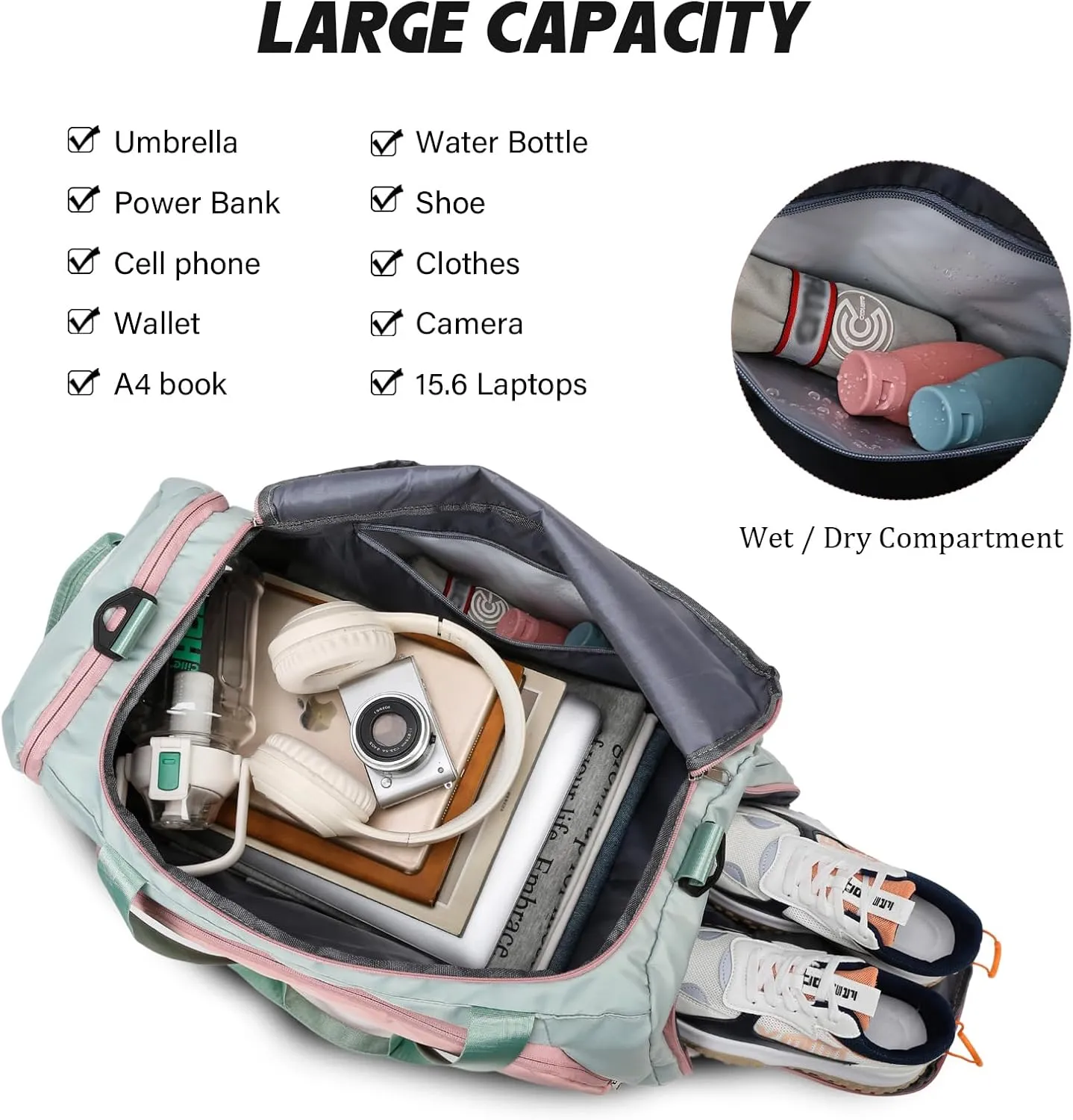 Eslcorri Gym Duffle Bag for Women Men, Sports Backpack with Wet & Shoe Compartment, Fitness Overnight Weekender Bag for Yoga, Swim, Travel (C, Blue)