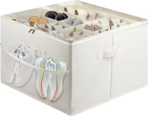 Fabric Shoe Bins with Side Mesh Pocket, Foldable Shoe Storage Organizer Box with Adjustable Dividers Clear Cover Handles Zippers, Stackable Storage Container Box for Closet, Max 16 Pairs, Beige