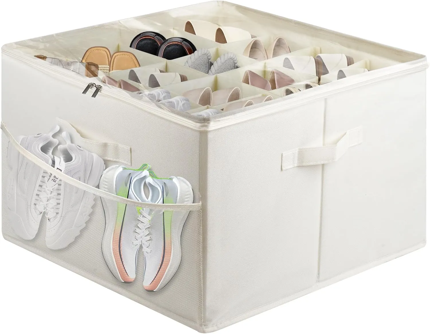 Fabric Shoe Bins with Side Mesh Pocket, Foldable Shoe Storage Organizer Box with Adjustable Dividers Clear Cover Handles Zippers, Stackable Storage Container Box for Closet, Max 16 Pairs, Beige