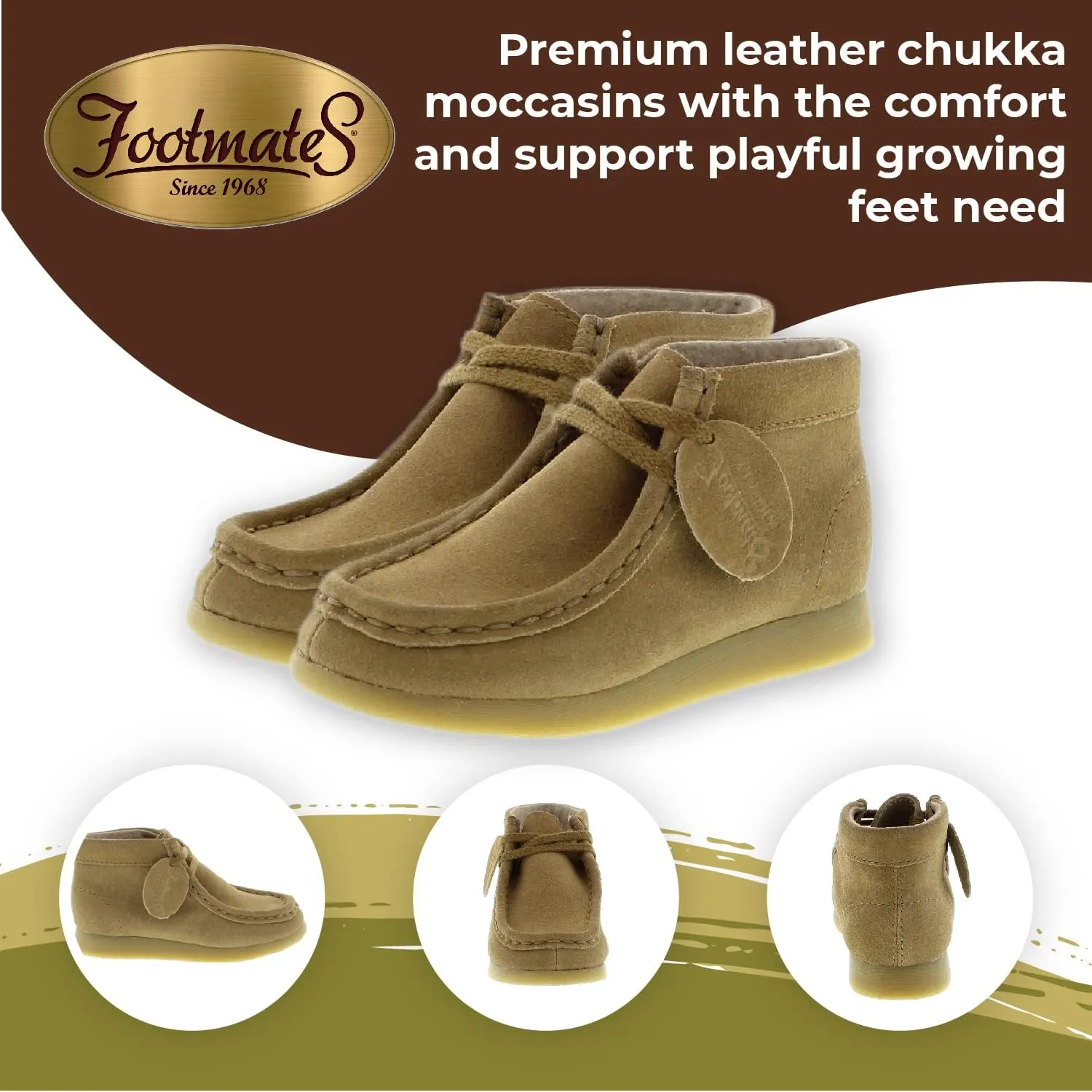 FOOTMATES Wally Lace-Up Wallabee Leather Moccasin Chukka Kids Hiking Boots with Wide Toe Box and Custom-Fit Insoles, Non-Marking Outsoles - For Toddlers and Little Kids, Ages 1-8
