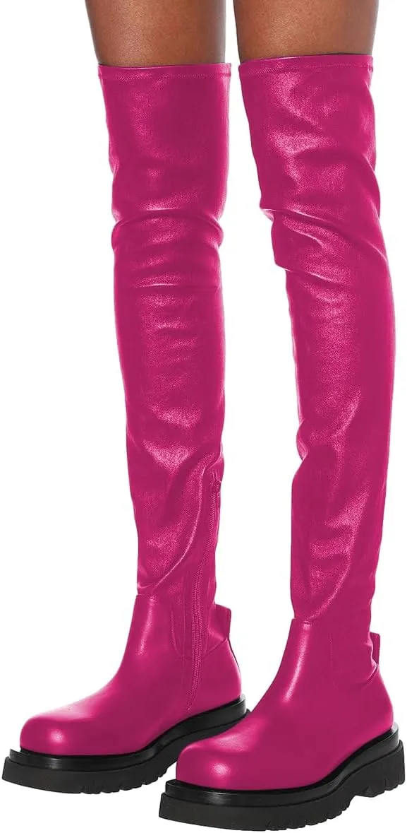 FSJ Women Fashion Flat Over The Knee Boots Thigh High Long Booties Stretch Platform Leather Round Closed Toe Side Zipper Fall Winter Shoes for Ladies Girls Party Club Dress Size 4-15 US
