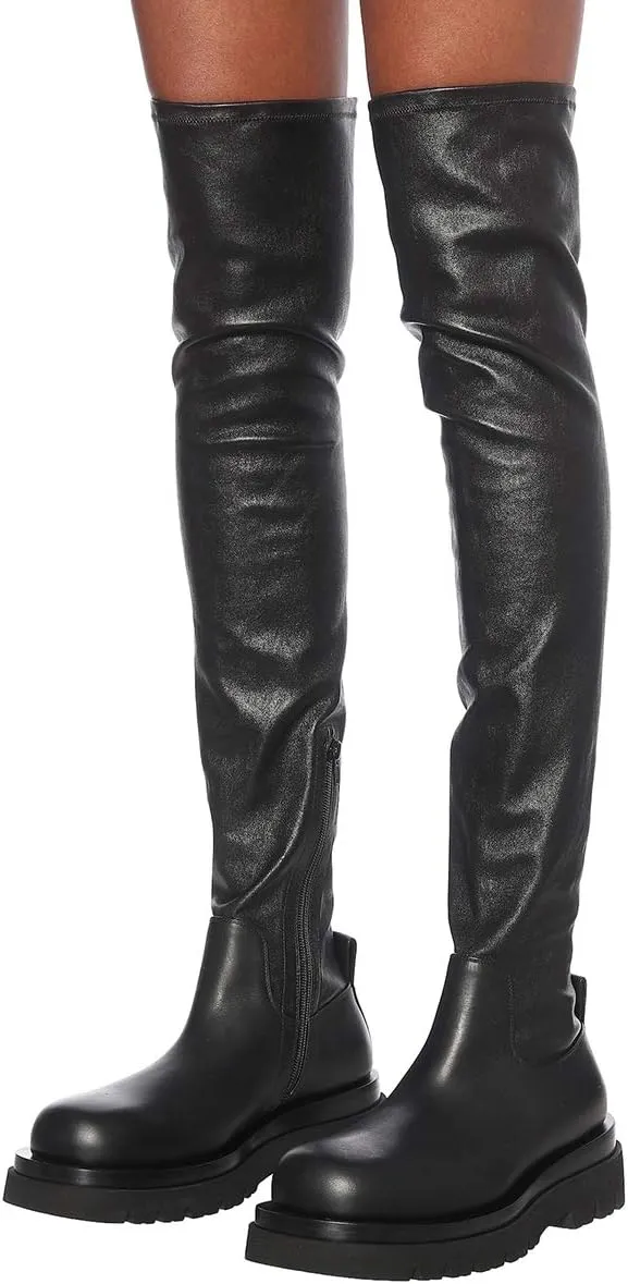 FSJ Women Fashion Flat Over The Knee Boots Thigh High Long Booties Stretch Platform Leather Round Closed Toe Side Zipper Fall Winter Shoes for Ladies Girls Party Club Dress Size 4-15 US