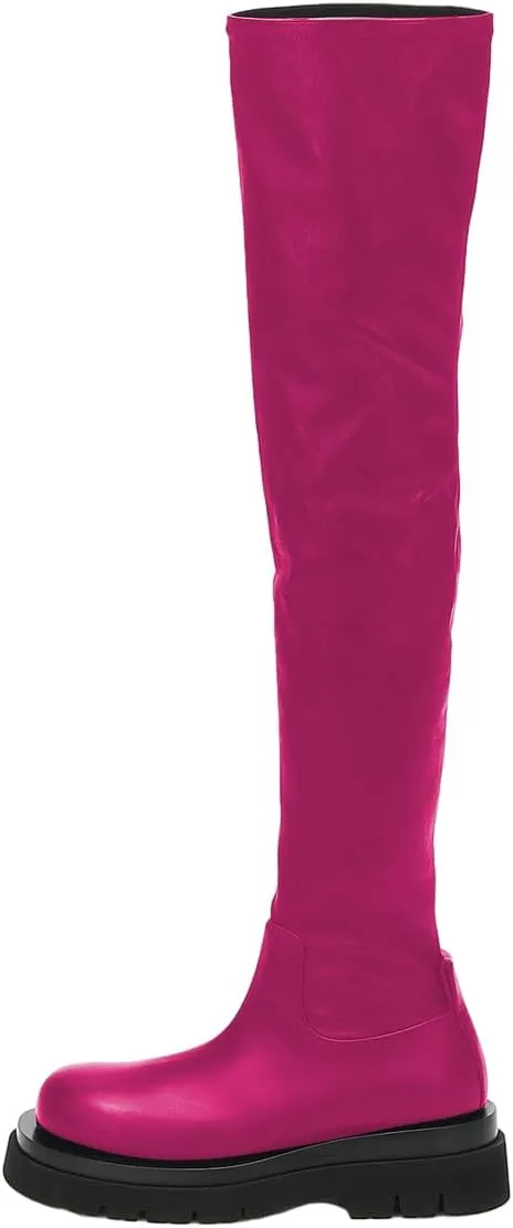 FSJ Women Fashion Flat Over The Knee Boots Thigh High Long Booties Stretch Platform Leather Round Closed Toe Side Zipper Fall Winter Shoes for Ladies Girls Party Club Dress Size 4-15 US