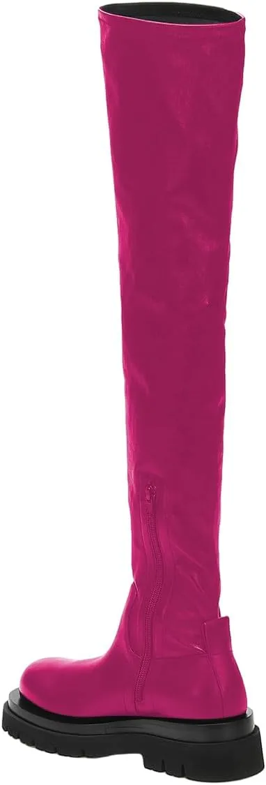 FSJ Women Fashion Flat Over The Knee Boots Thigh High Long Booties Stretch Platform Leather Round Closed Toe Side Zipper Fall Winter Shoes for Ladies Girls Party Club Dress Size 4-15 US