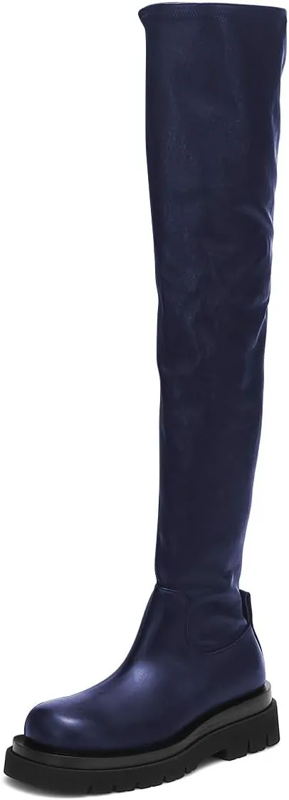 FSJ Women Fashion Flat Over The Knee Boots Thigh High Long Booties Stretch Platform Leather Round Closed Toe Side Zipper Fall Winter Shoes for Ladies Girls Party Club Dress Size 4-15 US