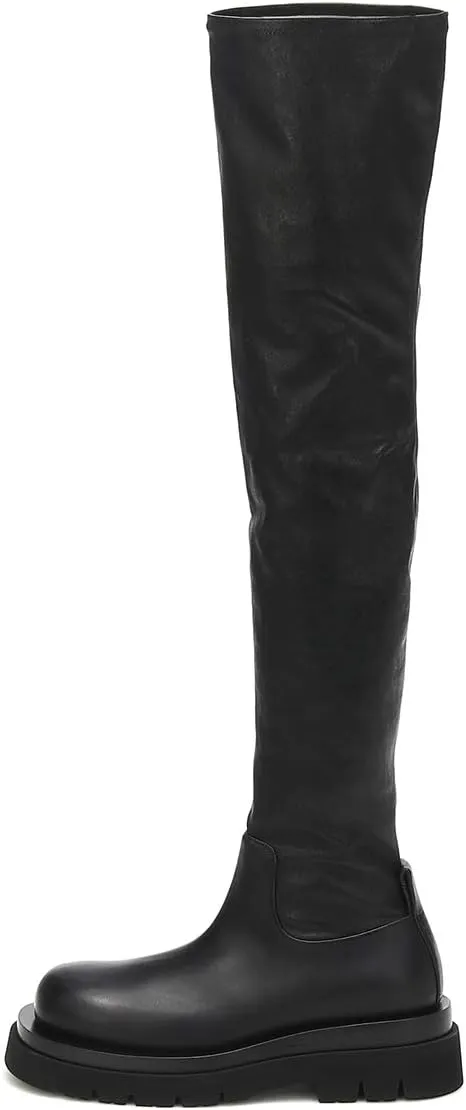 FSJ Women Fashion Flat Over The Knee Boots Thigh High Long Booties Stretch Platform Leather Round Closed Toe Side Zipper Fall Winter Shoes for Ladies Girls Party Club Dress Size 4-15 US