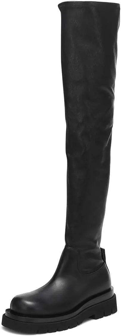 FSJ Women Fashion Flat Over The Knee Boots Thigh High Long Booties Stretch Platform Leather Round Closed Toe Side Zipper Fall Winter Shoes for Ladies Girls Party Club Dress Size 4-15 US