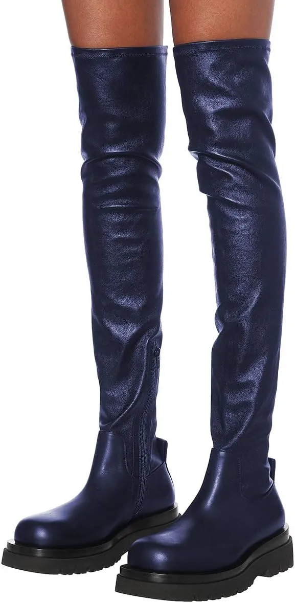 FSJ Women Fashion Flat Over The Knee Boots Thigh High Long Booties Stretch Platform Leather Round Closed Toe Side Zipper Fall Winter Shoes for Ladies Girls Party Club Dress Size 4-15 US
