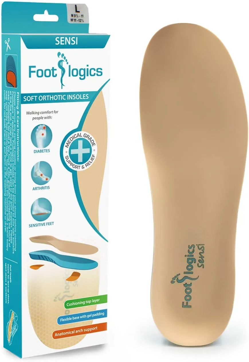 Full-Length Soft Orthotic Shoe Insoles with Gentle Arch Support for Arthritis, and Sensitive Feet - Sensi, Pair, S