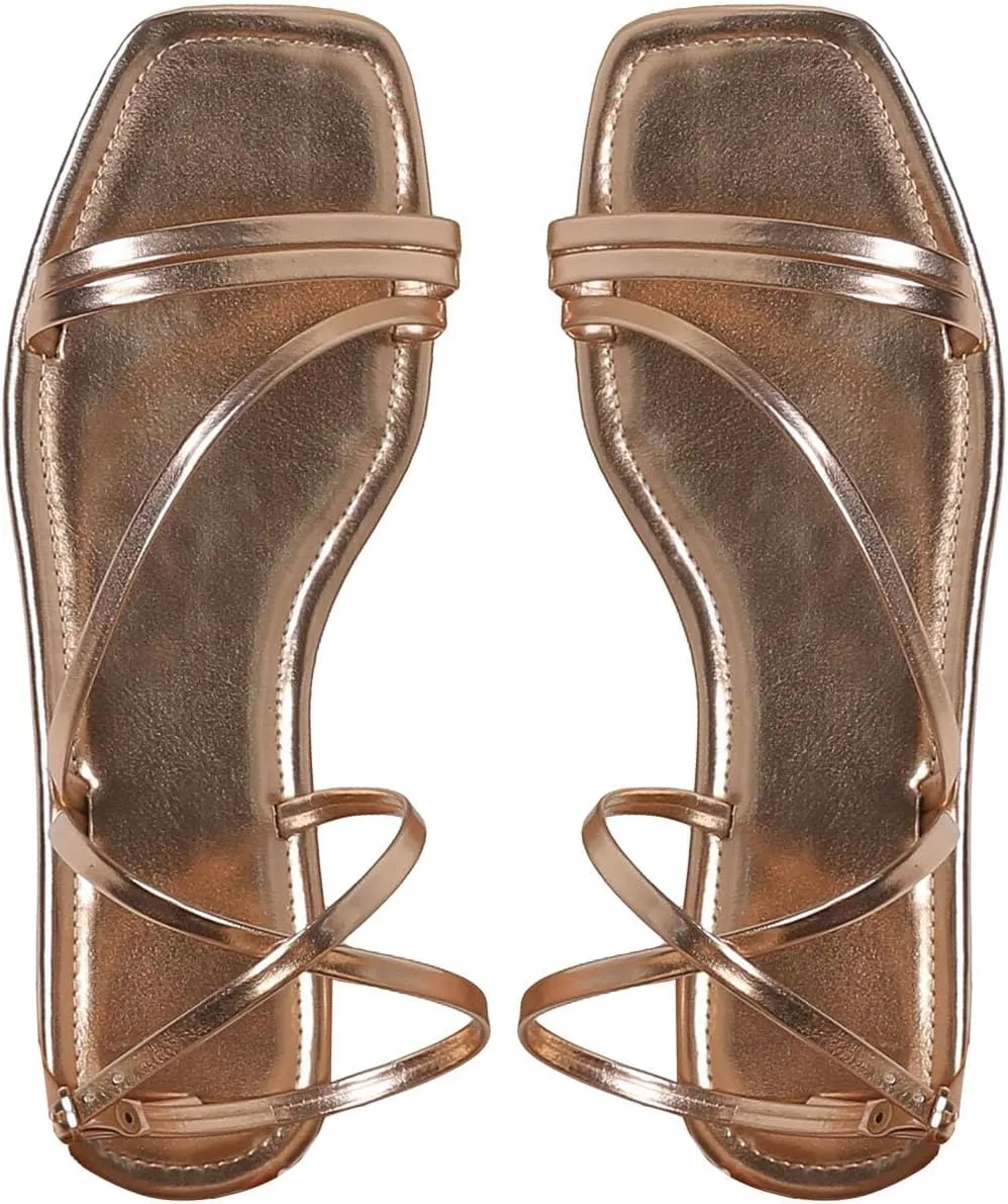GORGLITTER Women's Metallic Strappy Sandals Dressy Square Open Toe Vacation Summer Flats Sandals