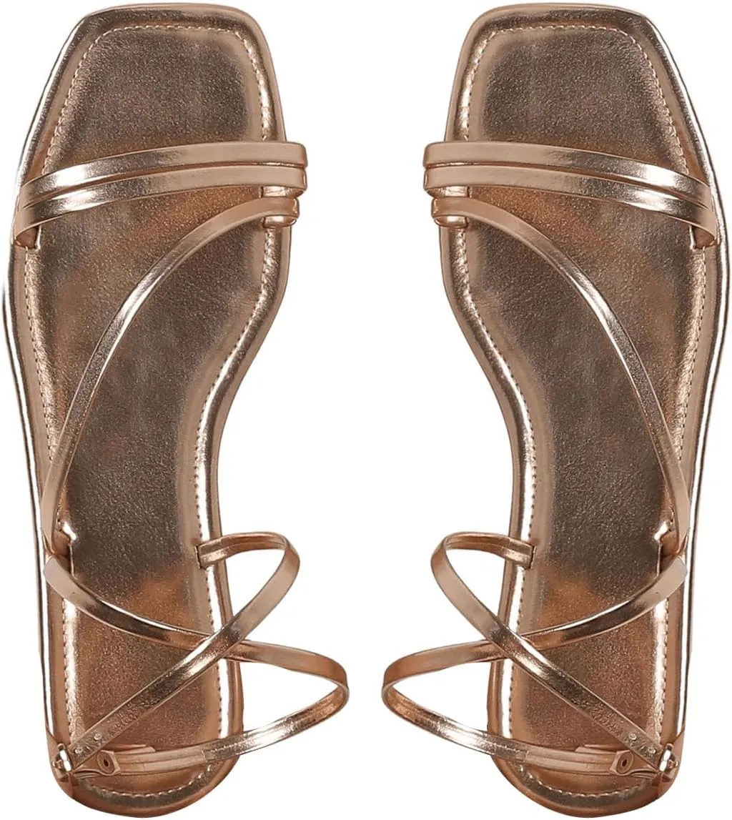 GORGLITTER Women's Metallic Strappy Sandals Dressy Square Open Toe Vacation Summer Flats Sandals