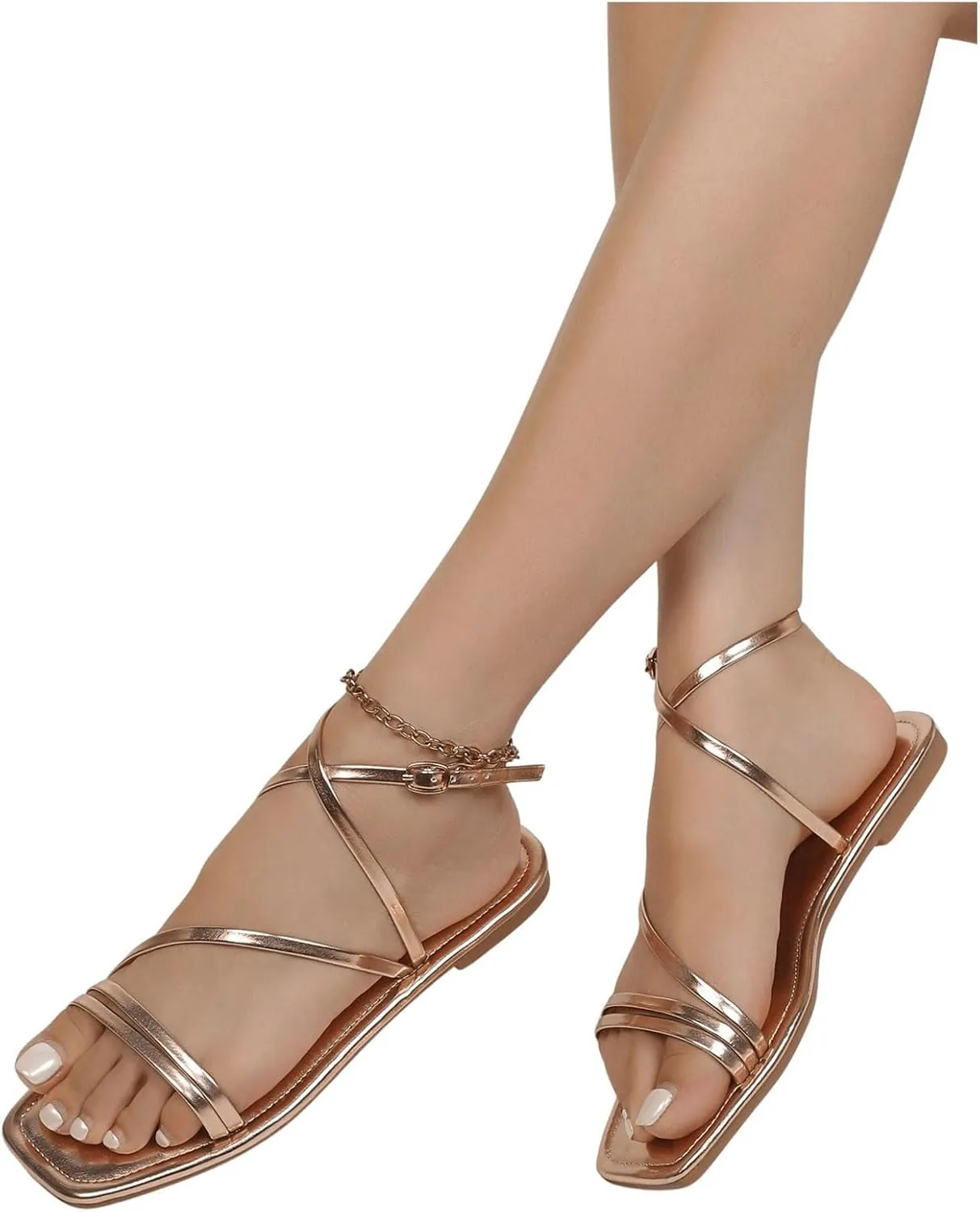 GORGLITTER Women's Metallic Strappy Sandals Dressy Square Open Toe Vacation Summer Flats Sandals