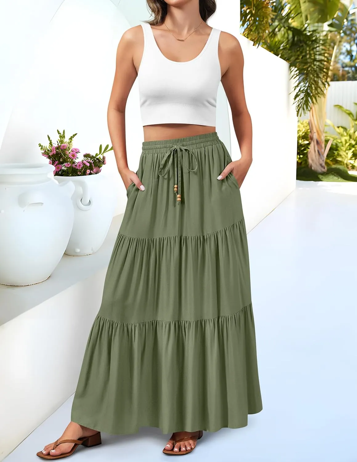HAEOF Women's Summer Boho Maxi Skirt A-Line Flowy Ruffle Tiered Elastic High Waist Beach Long Skirts with Pockets