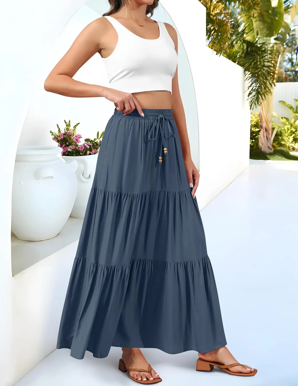 HAEOF Women's Summer Boho Maxi Skirt A-Line Flowy Ruffle Tiered Elastic High Waist Beach Long Skirts with Pockets