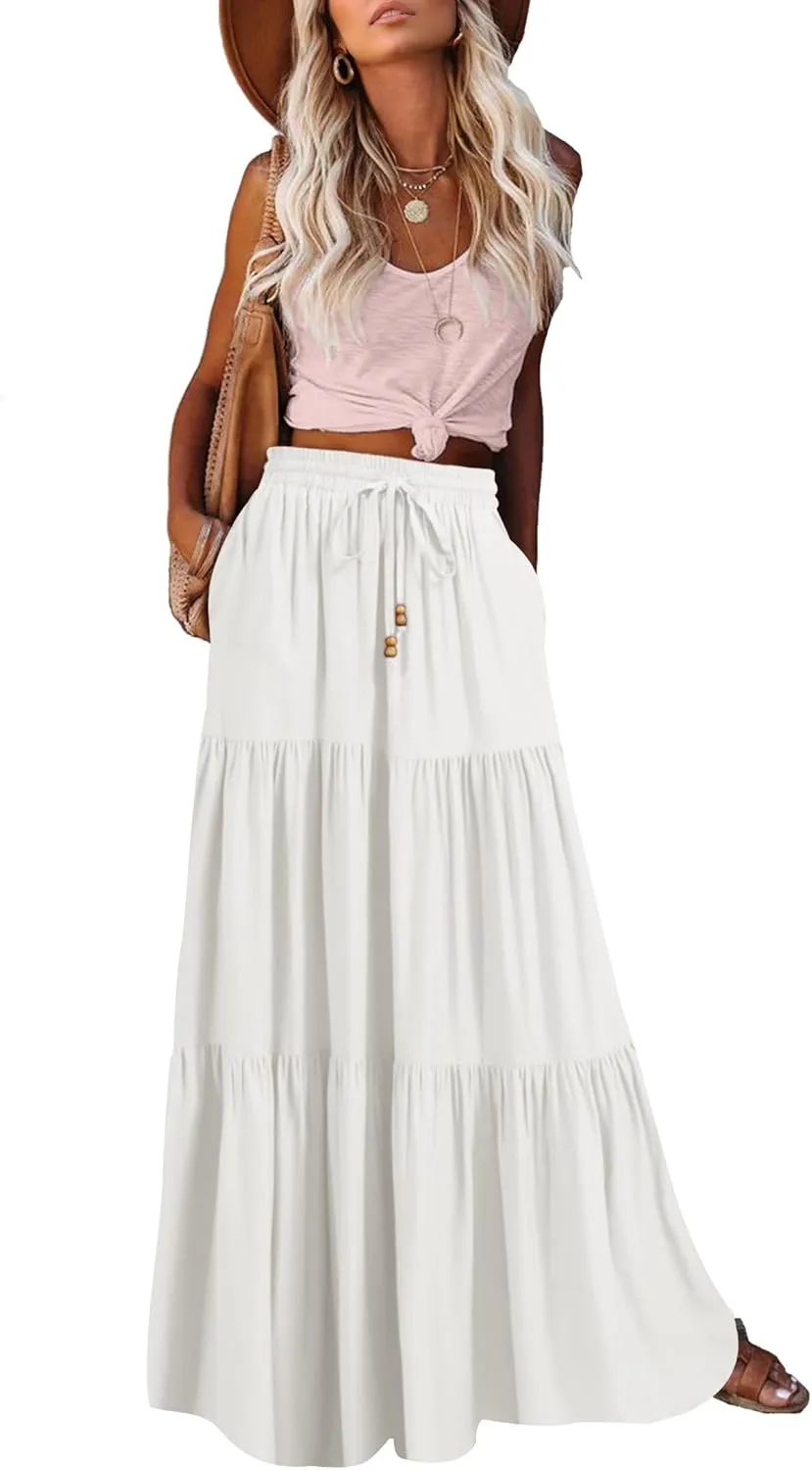 HAEOF Women's Summer Boho Maxi Skirt A-Line Flowy Ruffle Tiered Elastic High Waist Beach Long Skirts with Pockets