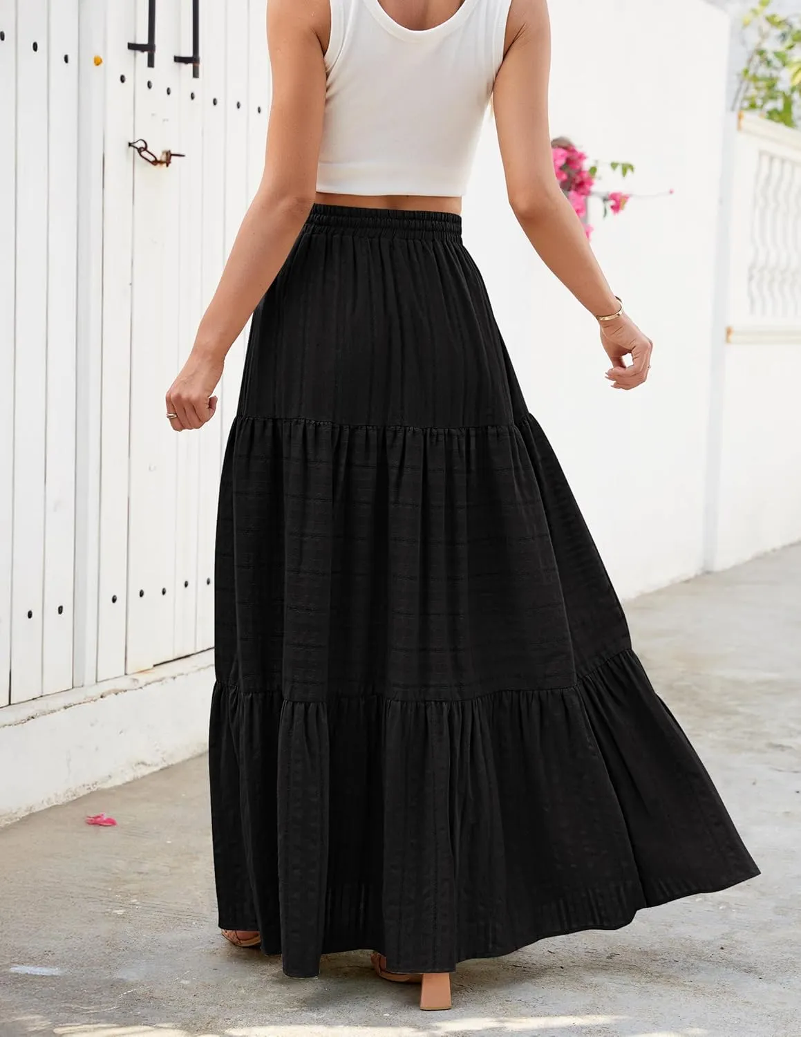 HAEOF Women's Summer Boho Maxi Skirt A-Line Flowy Ruffle Tiered Elastic High Waist Beach Long Skirts with Pockets