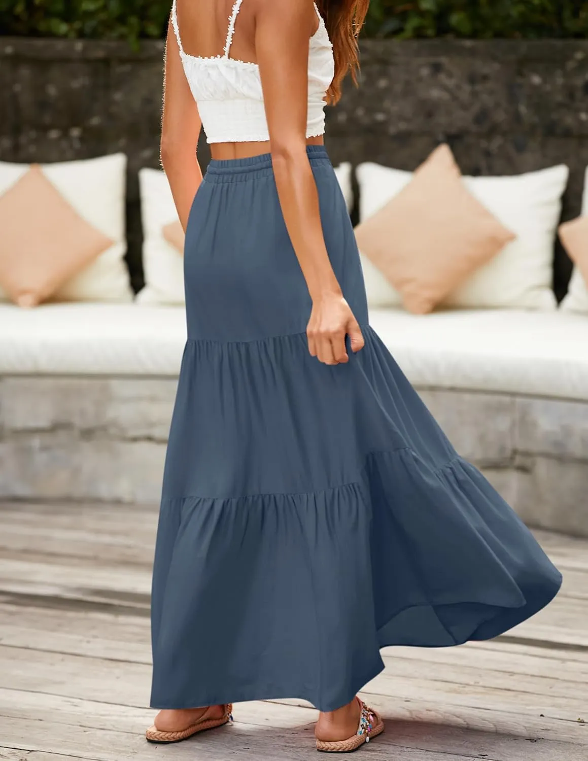 HAEOF Women's Summer Boho Maxi Skirt A-Line Flowy Ruffle Tiered Elastic High Waist Beach Long Skirts with Pockets