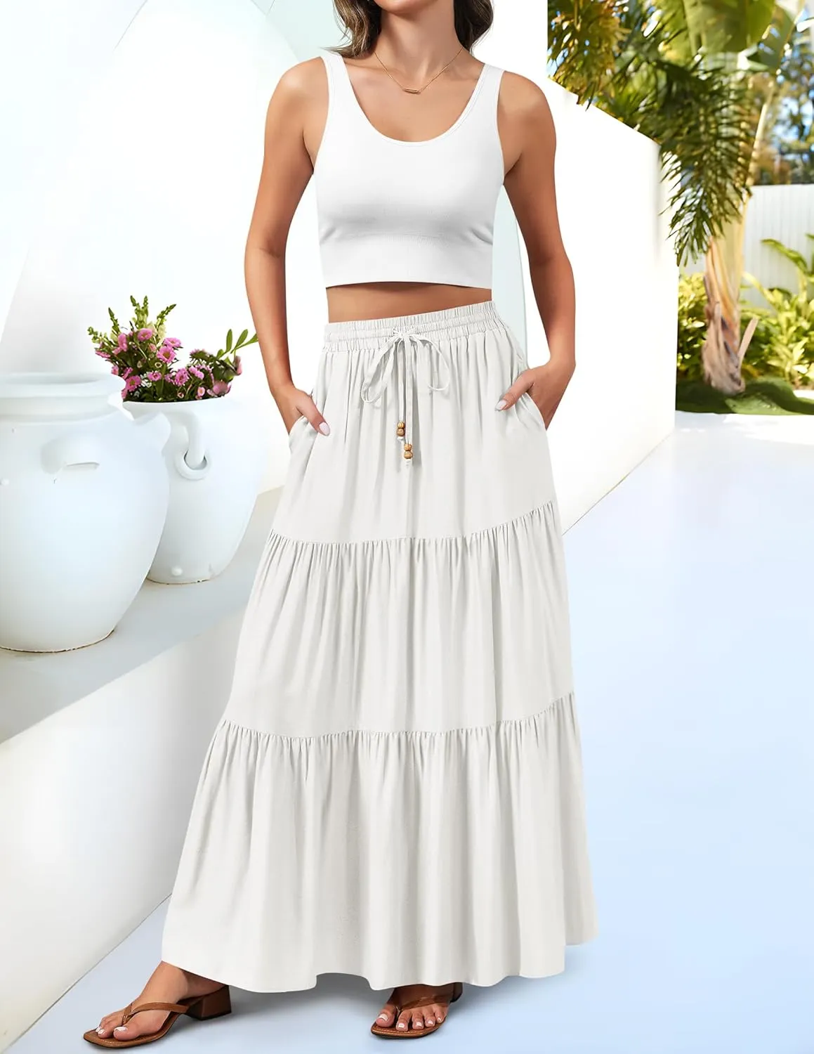 HAEOF Women's Summer Boho Maxi Skirt A-Line Flowy Ruffle Tiered Elastic High Waist Beach Long Skirts with Pockets